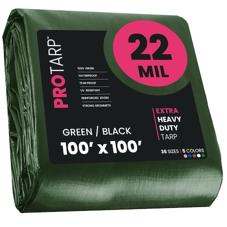 Protarp Heavy Duty Tarp, 100 ft x 100 ft, 22 Mil, Green/Black, Polyethylene PT-203-100X100